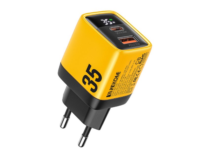 WP-U25 Super brzi Strujni GaN Punjač, 2-porta USB (3.0 i 3.1 Tip-C) 35W, sa displejom, žuti 