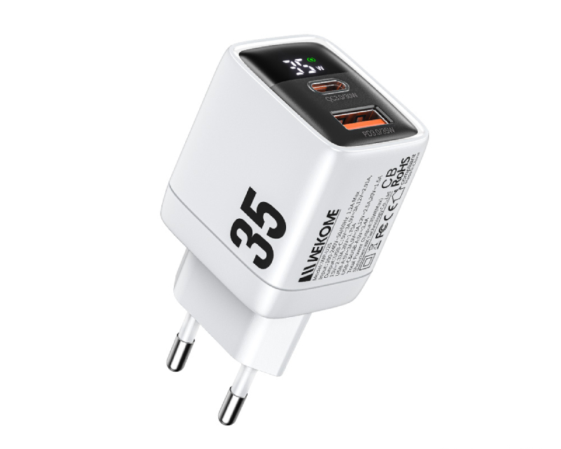 WP-U25 Super brzi Strujni GaN Punjač, 2-porta USB (3.0 i 3.1 Tip-C) 35W, sa displejom, beli 